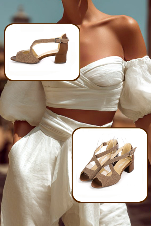 Women's caramel brown elegant sandals closed at the back with crossed straps. Round toe. Low flare heels - Worn view